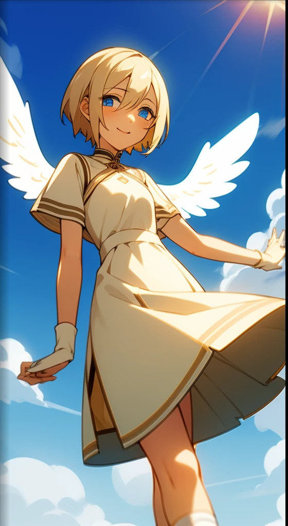 blue eyes, short blonde hair, outdoors, shining sun, happy girl, cute dress dress, solo girl, 1girl, short blonde hair, small boobs, slim waist, long socks, white socks, cute shoes, clouds, angel girl, angel wings