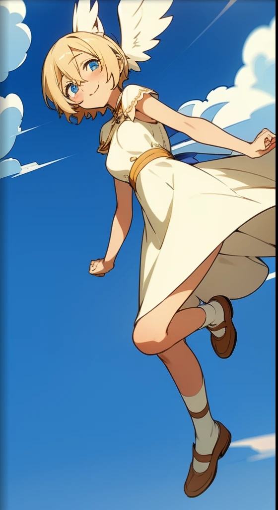 blue eyes, short blonde hair, outdoors, shining sun, happy girl, cute dress dress, solo girl, 1girl, short blonde hair, small boobs, slim waist, long socks, white socks, cute shoes, clouds, angel girl, angel wings