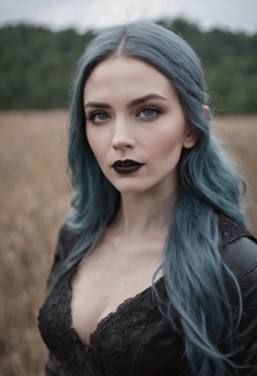 slavic fantasy female adventurer, thirty years old, assymetric storm blue hair, deep teal eyes, (black lipstick), porcelain white skin, wearing simple (dark grey leather clothes), realistic skin, skin pores, backlighting, silhouette