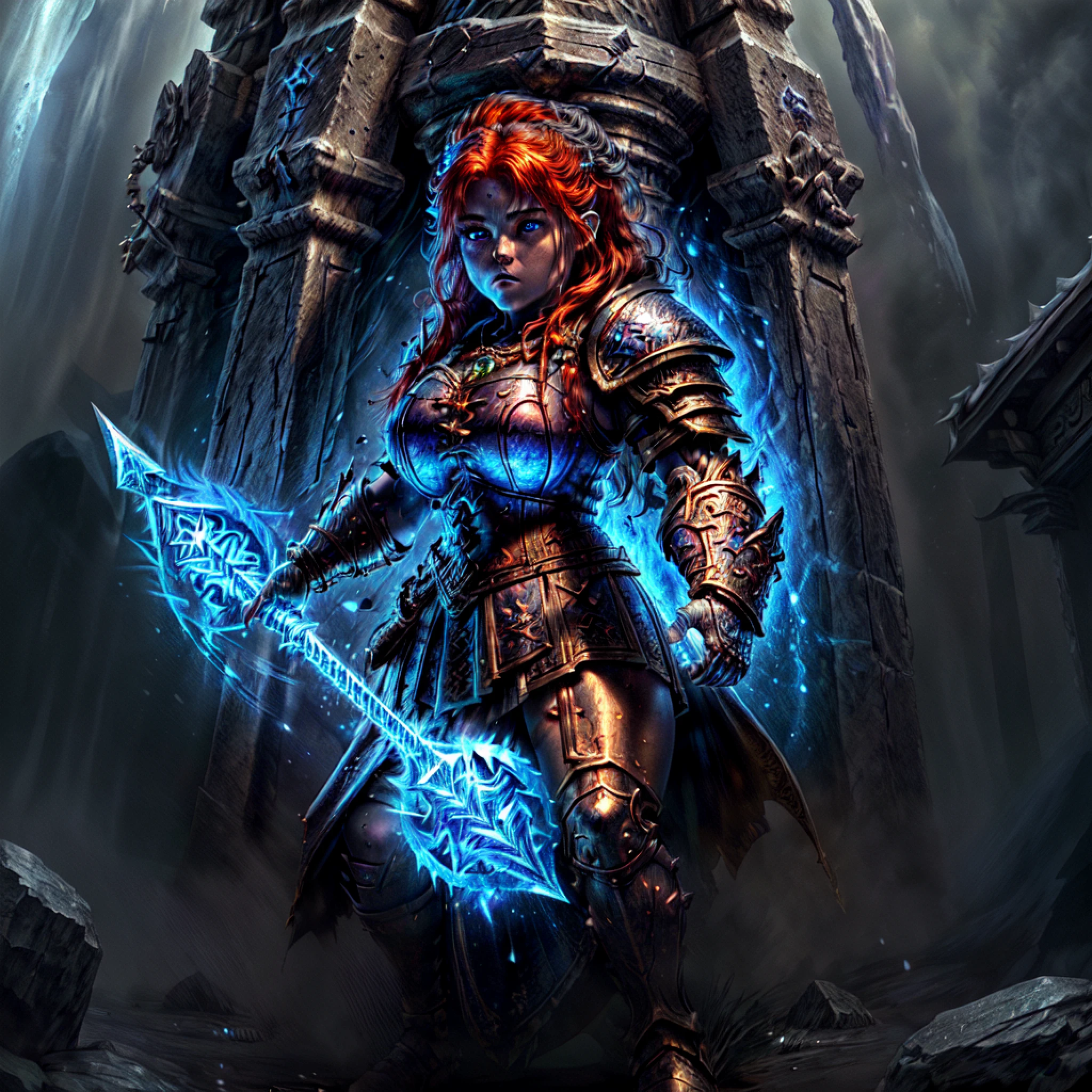 zrpgstyle high details, best quality, 8k, [ultra detailed], masterpiece, zrpgstyle best quality, (extremely detailed), dynamic angle, ultra wide shot, photorealistic, fantasy art, dnd art, rpg art, realistic art, zrpgstyle an ultra wide picture of female dwarf cleric, holding axe with red fire on it , casting a spell, wearing heavy armor, white armor (best details, Masterpiece, best quality: 1.5), blue cloak (intricate details, Masterpiece, best quality), holy symbol,(best details, Masterpiece, best quality: 1.5), from symbol GlowingRunes_paleblue, beautiful female dwarf, ultra detailed face, ultra feminine, red hair, intense eyes, green eyes, D&D female dwarf (best details, Masterpiece, best quality: 1.5) fantasy temple background, celestial background, ((divine worship atmosphere)), high details, best quality, highres, ultra wide angle