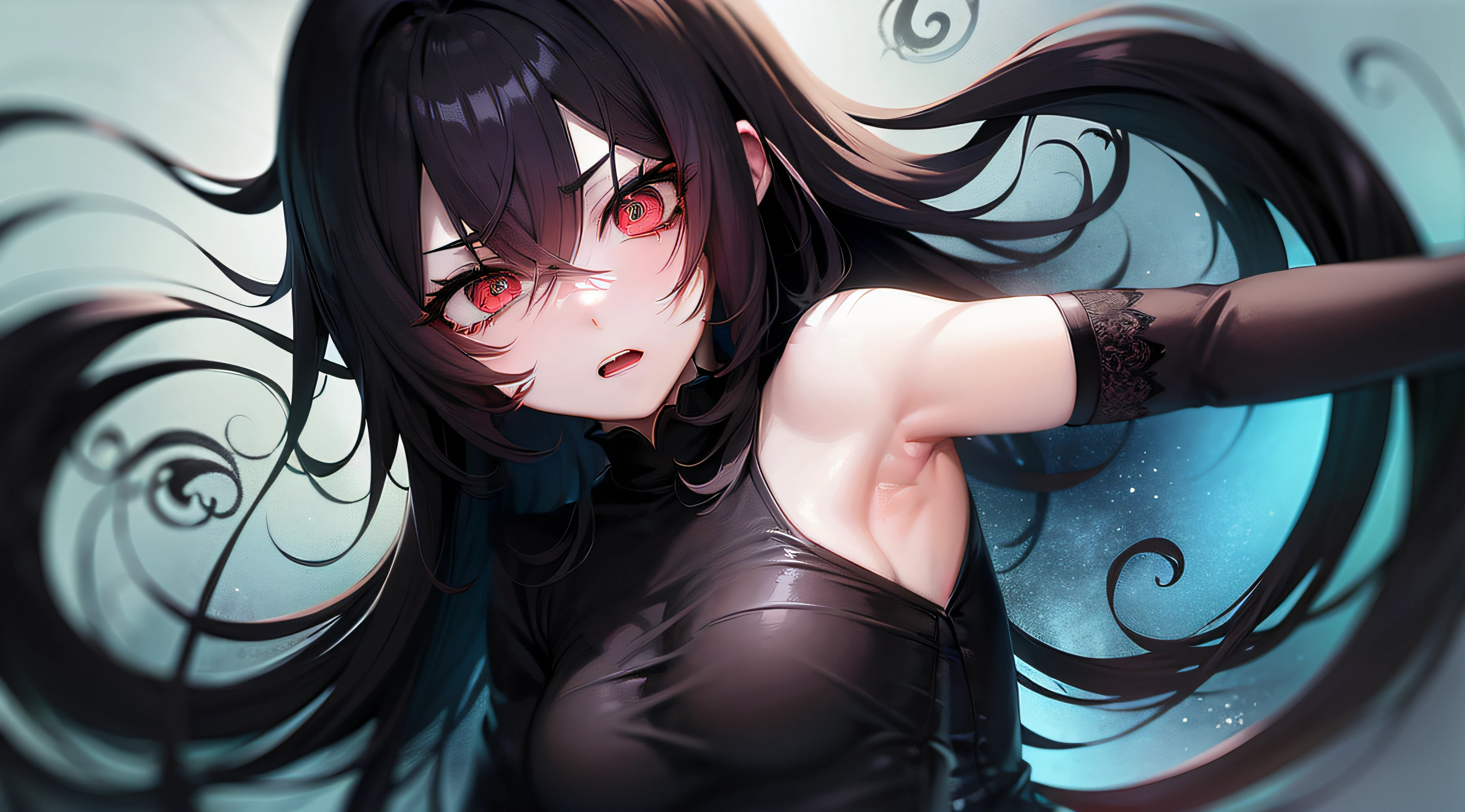 (personagem de anime)+horror+fantasia+(face with serious expression:1.1)+cabelo branco+(olhos vermelhos:1.2)+(pele cinza claro:1.1), cenario de fundo fantasia, estrelar , roupas negras das trevas com detalhes em prata