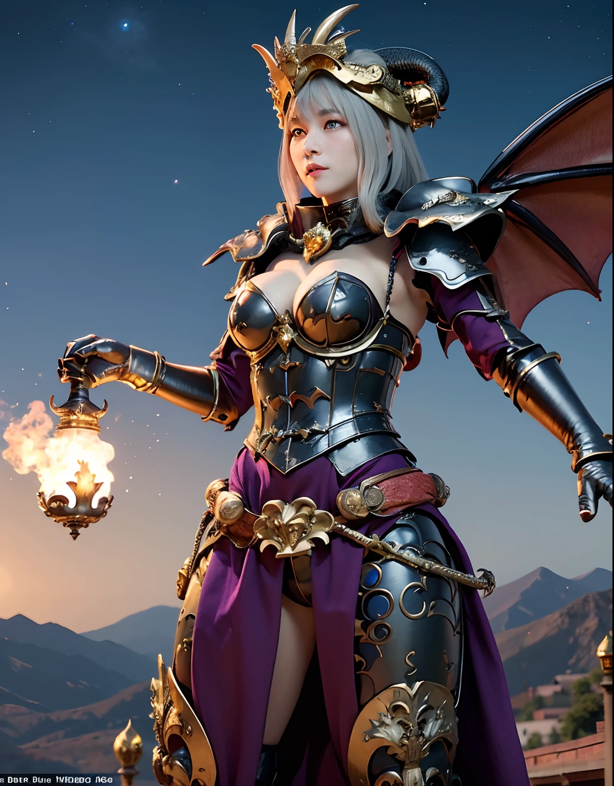 Professional , ​masterpiece、top-quality、photos realistic , depth of fields 、（Dragon Blue Metal Body:1.3),(Enamel purple、Night World、a moon、（cleavage of the breast）、Mystical expression、Dragon Gold Weapon、（Red Micro Bikini Armor:1.2),Gorgeous gold weapons ,Particles of light、（（ Dragon's dense and gorgeous sword）） , （demonic wings）、（（a blond））、（Castle background）、（（Gangle's forest background））、（（Fight dragons））、Beautiful Caucasian beauty、１a person、dynamic ungle,(((Detailed and ornate dragon helmet)))、Smaller head、A smile、Castle background、Thin and beautiful female hands、cleavage of the breast、Soldier in iron armor on background、Mystical expression、Light Effects、intense fighting、Wind-effect、magic circles、With the legendary magic wand、Dragon's tail、explosions、Anatomically correct body、