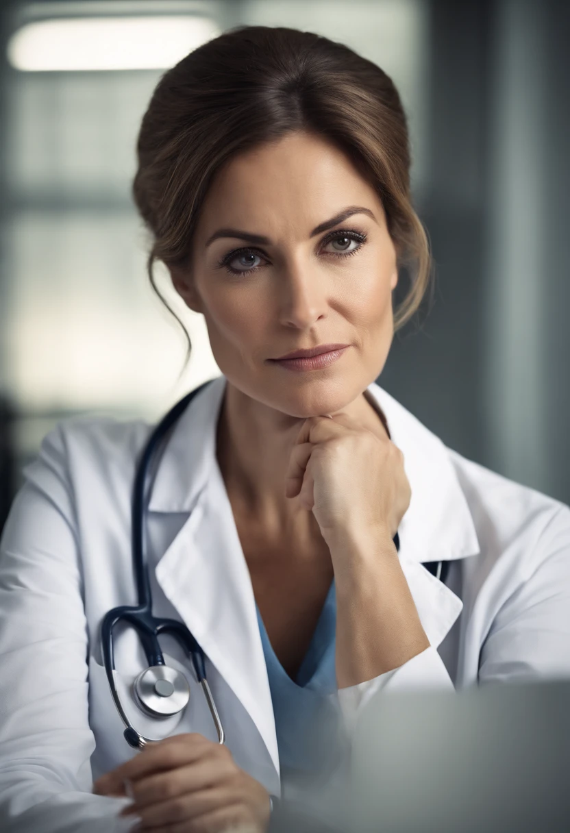 Portrait of a female doctor, medical, attractive, professional, experienced, clinical, 35yo, sitting at a work desk, concerned look on face, kind, caring