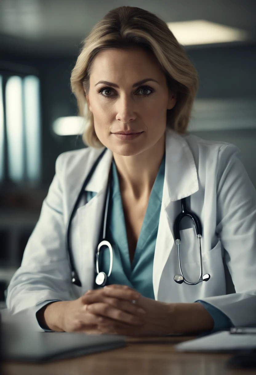 Portrait of a female doctor, medical, attractive, professional, experienced, clinical, 35yo, sitting at a work desk, concerned look on face, kind, caring