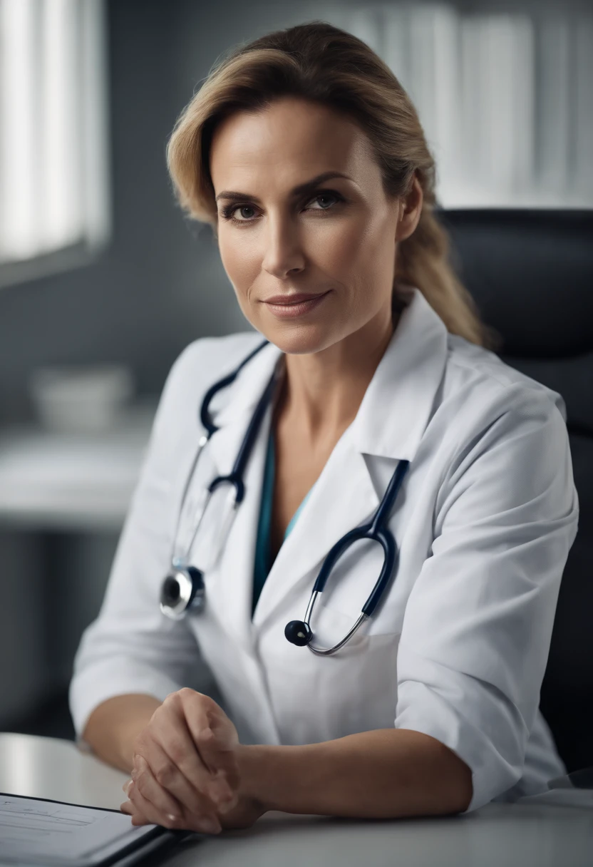 Portrait of a female doctor, medical, attractive, professional, experienced, clinical, 35yo, sitting at a work desk, concerned look on face, kind, caring