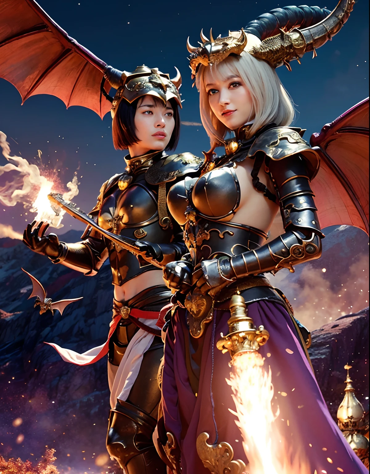 Professional , ​masterpiece、top-quality、photos realistic , depth of fields 、（White Jewel Body:1.９),(Matte White、（cleavage of the breast）、Jewel Gold Weapon、Particles of light、（White Jewel White Body:1.４),Gorgeous gold weapons ,（（ Dragon dense and gorgeous dragon sword）） , （demonic wings）   ,warhammer 40k 、（（White hair））、（Castle background）、（demonic wings）、（（Gangle's forest background））、Beautiful Caucasian beauty、１a person、dynamic ungle,(((Two devil's horns on the head)))、Smaller head、Idle Smile、Thin and beautiful female hands、cleavage of the breast、Mystical expression、Light Effects、intense fighting、Wind-effect、magic circles、With the legendary magic wand、Dragon's tail、