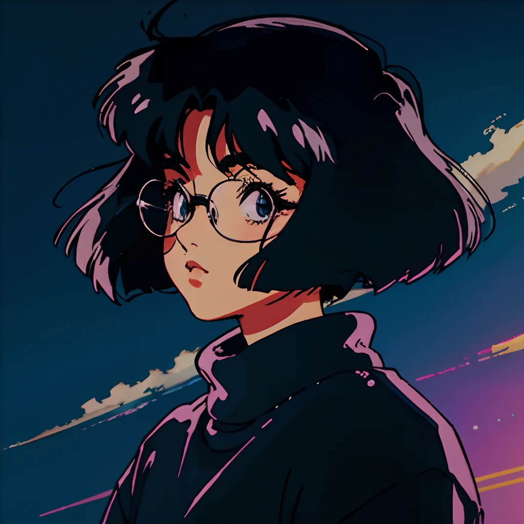 Mute pastel colors，Smooth photos，Retro soul, 1990s animation, 1980s animation, Retro soul，Retro anime style，Masterpiece, Best Quality, 1girll, 独奏, Black eyes, Long black hair，bob cuts，middle way hair, Large round frame glasses，black sweater，closed mouth，Simple background, Old School Animation, beautiful anime, underground