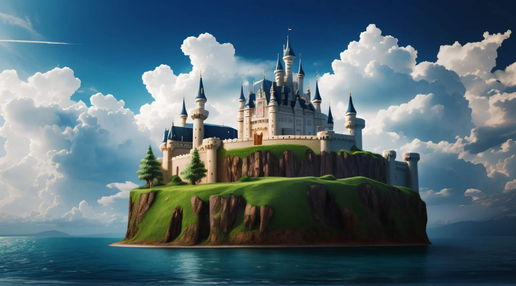 scenery, tree, cloud, no humans, sky, outdoors, water, cloudy sky, floating island, fantasy, castle