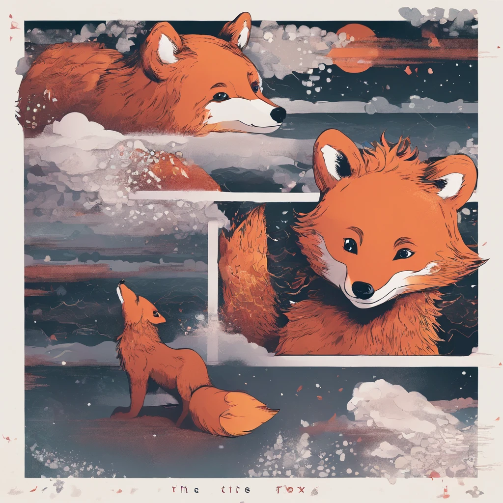 One Bear、One fox The bear is big and fluffy fur、 The fox was small and beautiful with red fur、 looking each other、Tension Down RT. 66 Before the Great Storm, nostalgic, Annual Lighting Display, voluminetric lighting, in woods
