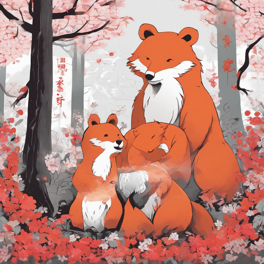 One Bear、One fox The bear is big and fluffy fur、 The fox was small and beautiful with red fur、 looking each other、Tension Down RT. 66 Before the Great Storm, nostalgic, Annual Lighting Display, voluminetric lighting, in woods