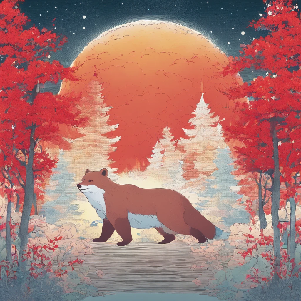 One Bear、One fox The bear is big and fluffy fur、 The fox was small and beautiful with red fur、 looking each other、Tension Down RT. 66 Before the Great Storm, nostalgic, Annual Lighting Display, voluminetric lighting, in woods