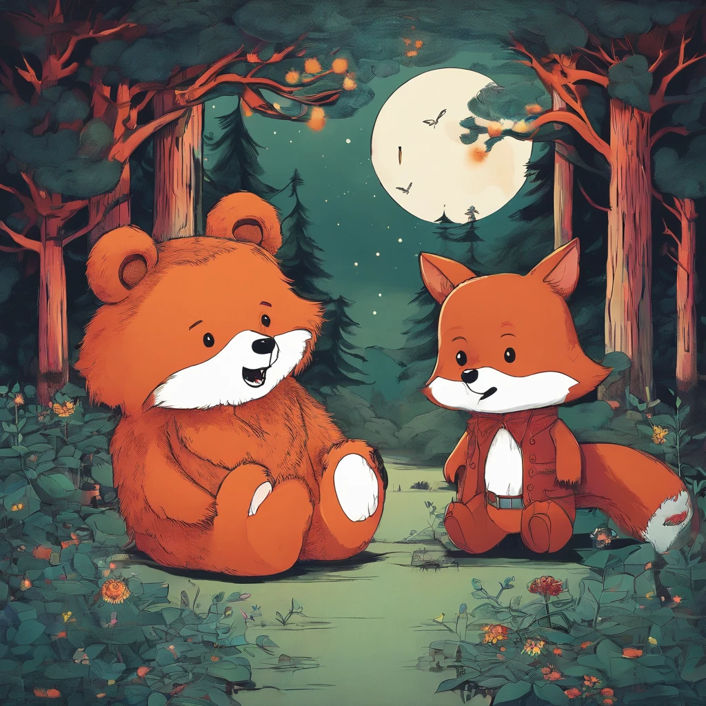 One Bear、One fox The bear is big and fluffy fur、 The fox was small and beautiful with red fur、 looking each other、Tension Down RT. 66 Before the Great Storm, nostalgic, Annual Lighting Display, voluminetric lighting, in woods