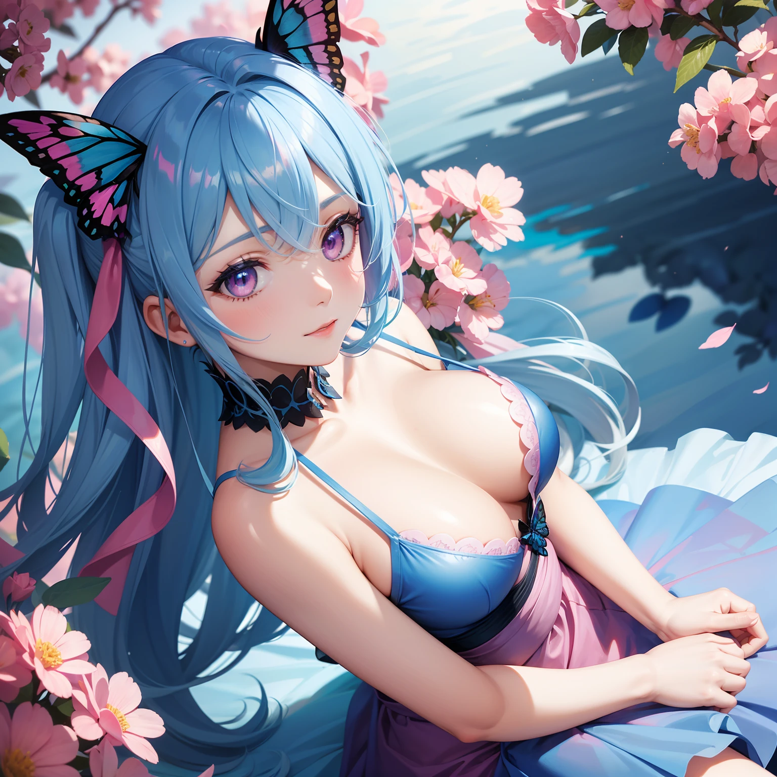 a women, blue butterfly, blue hair, pink eyes, pink dress