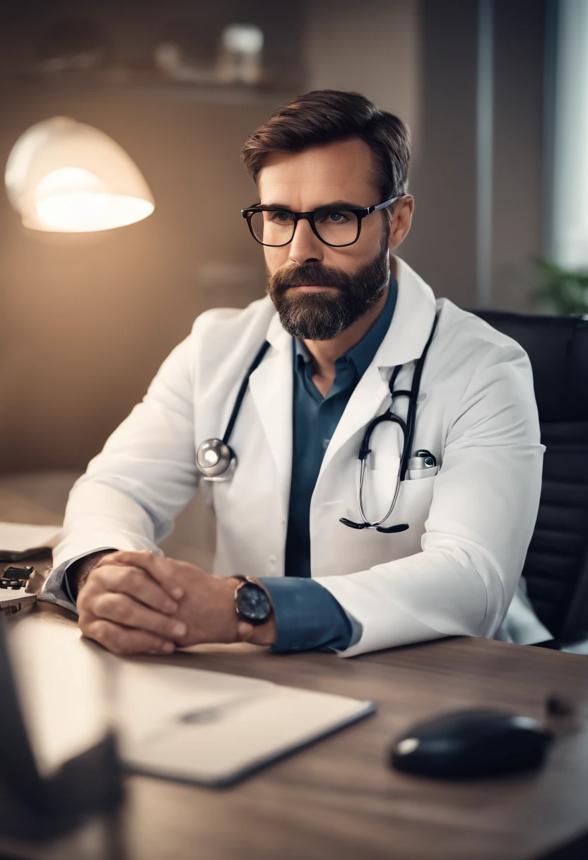 Portrait of a male doctor, medical, handsome, professional, experienced, clinical, 35yo, sitting at a work desk, concerned look on face, kind, caring, beard, glasses