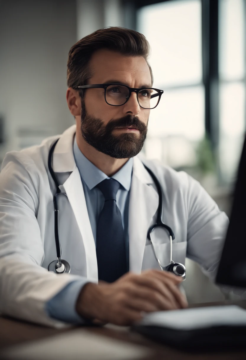 Portrait of a male doctor, medical, handsome, professional, experienced, clinical, 35yo, sitting at a work desk, concerned look on face, kind, caring, beard, glasses