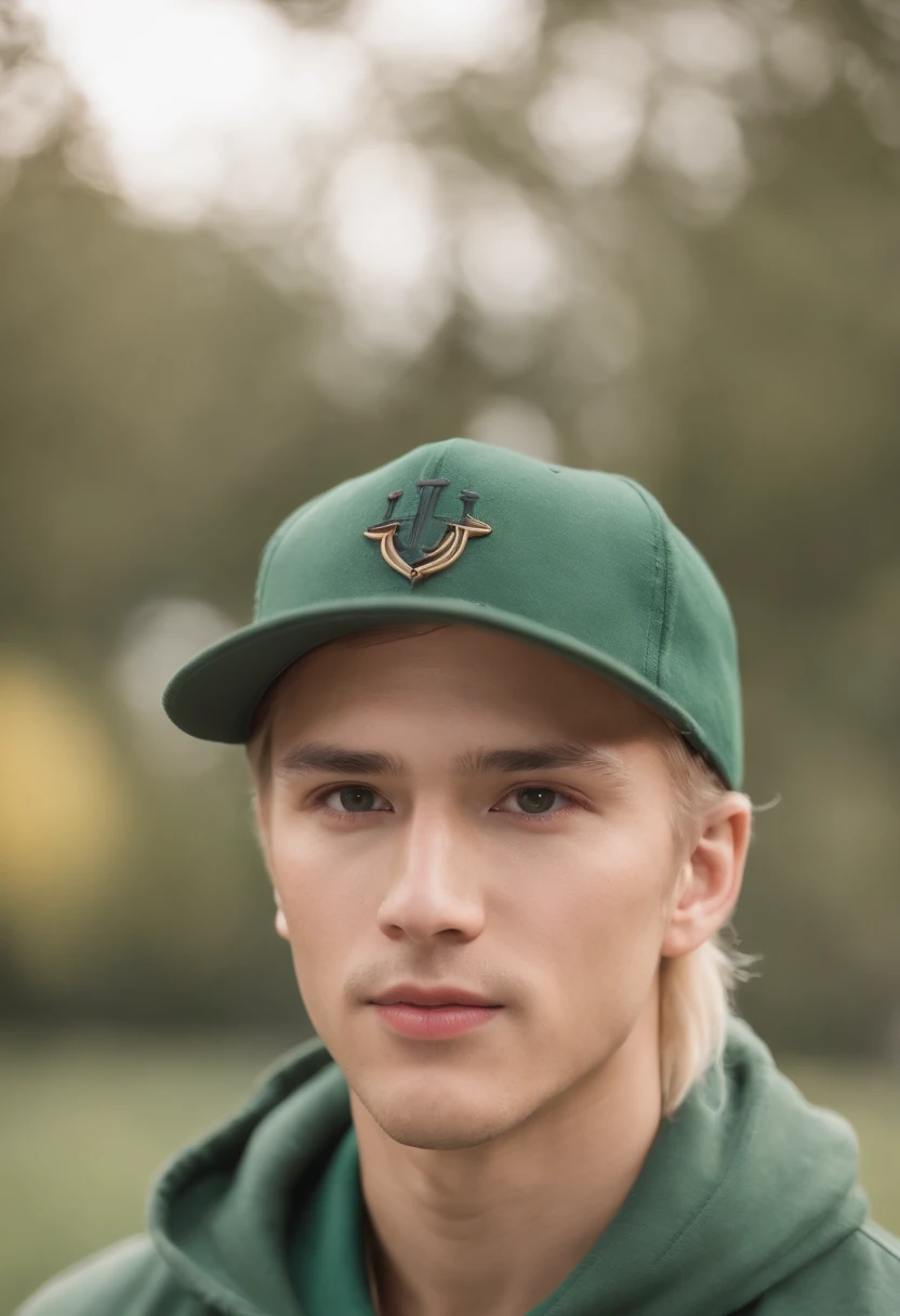 (((best quality, 8k))) mixed American Korean race, fair complexion, man around 25 years old, has blond hair, medium length hair, distinctive green eyes, wearing baseball cap, sharp jawline, handsome, wearing dark green jacket, ultra sharp focus, realistic shot, tetradic colors