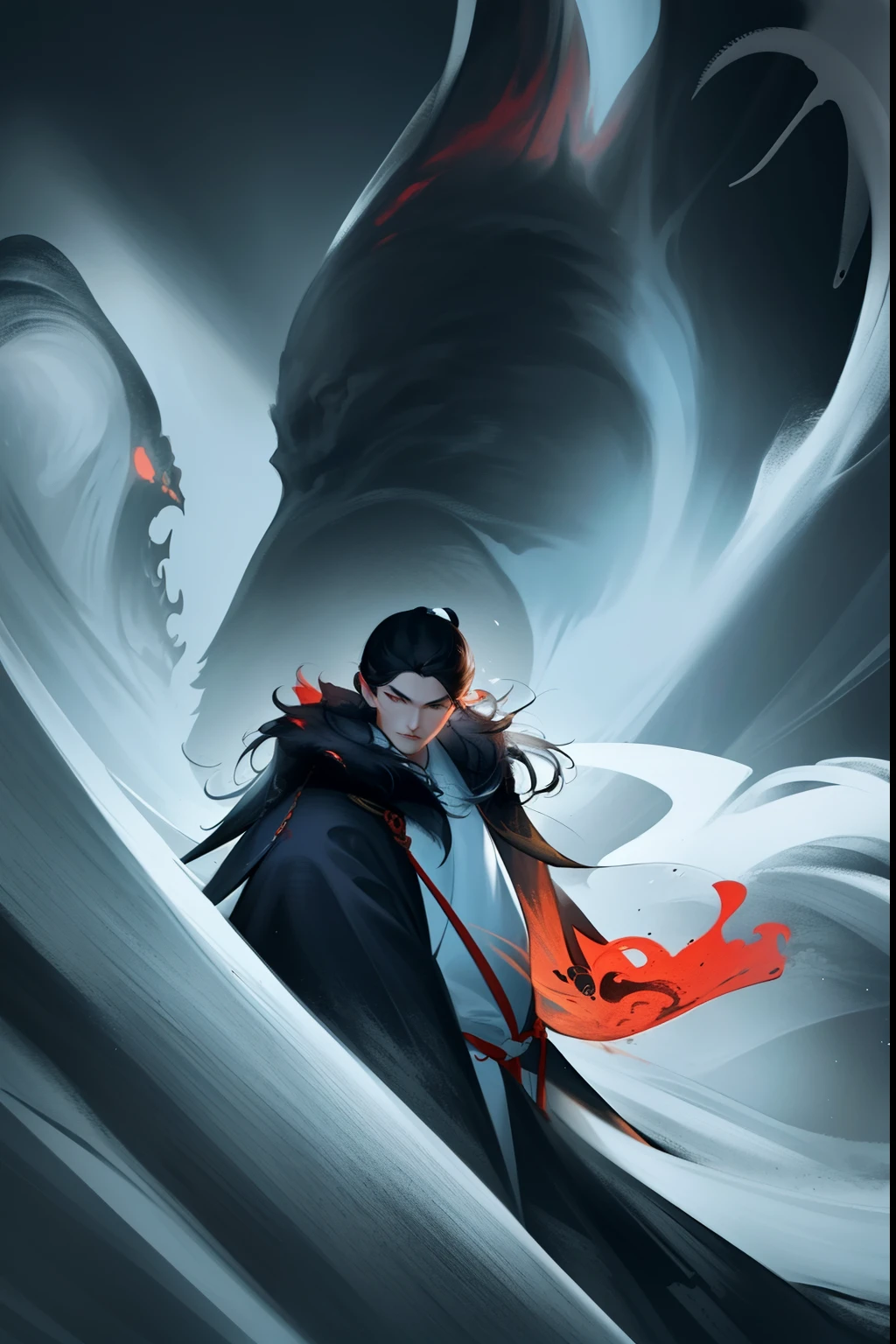 Cthulhu，Monster，The image of a Taoist priest wearing a white robe holding a banner, Onmyoji detailed art, onmyoji, onmyoji portrait, Beautiful Grim Reaper, Taoist, CGI anime fantasy artwork, White impermanence