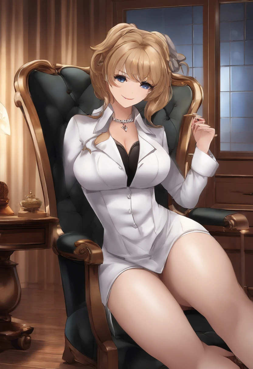 anime_still, masterpiece, best quality, 1girl,Hiroko Takashiro , Kitami Reika, sitting on chair, crossed legs, mature female,Large Breasts, cleavage, curvy, 40 yo,blonde hair, short hair, lipstick, makeup, black eyeshadow, smokey eyes, blue eyes, jewelry, cross earrings, black corset mini dress, white labcoat, black thighhigns,pump shoes, stockings doctors office, room, posters, lamp, table, drawers, solo, smiling, evil, grinning, frowning, holding pen