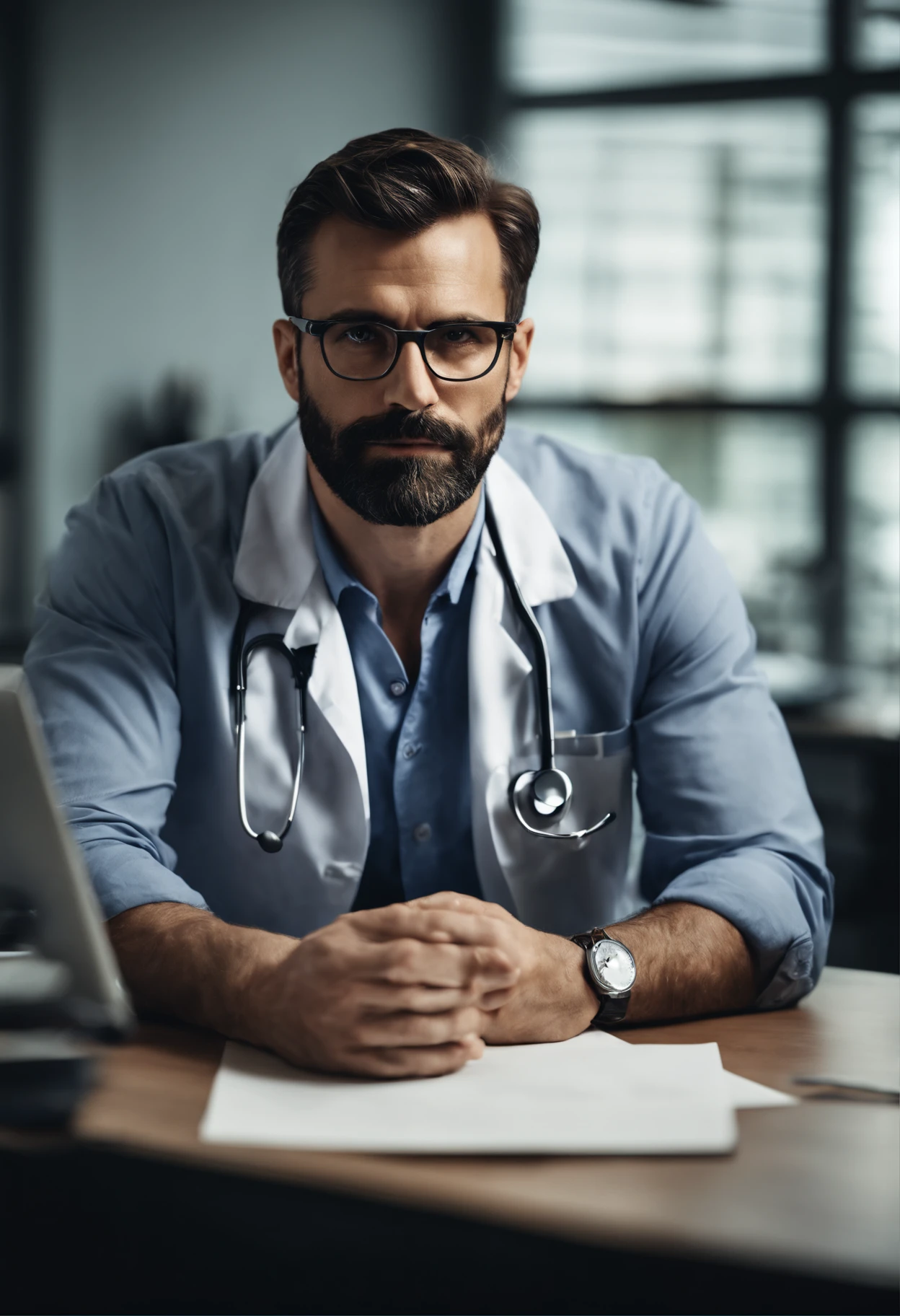 Portrait of a male doctor, medical, handsome, professional, experienced, clinical, 35yo, sitting at a work desk, concerned look on face, kind, caring, beard, glasses