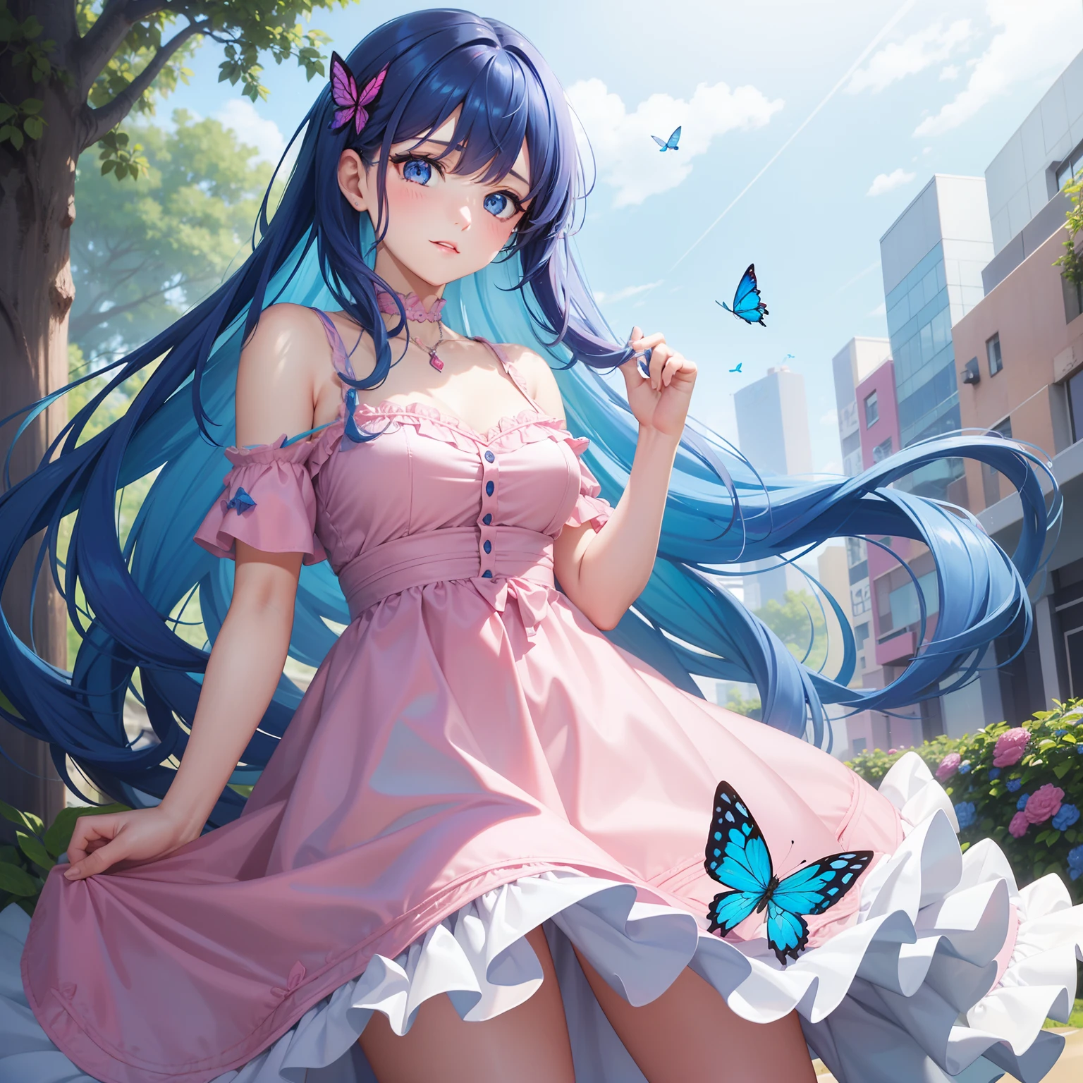 a women, blue butterfly, blue hair, pink eyes, pink dress