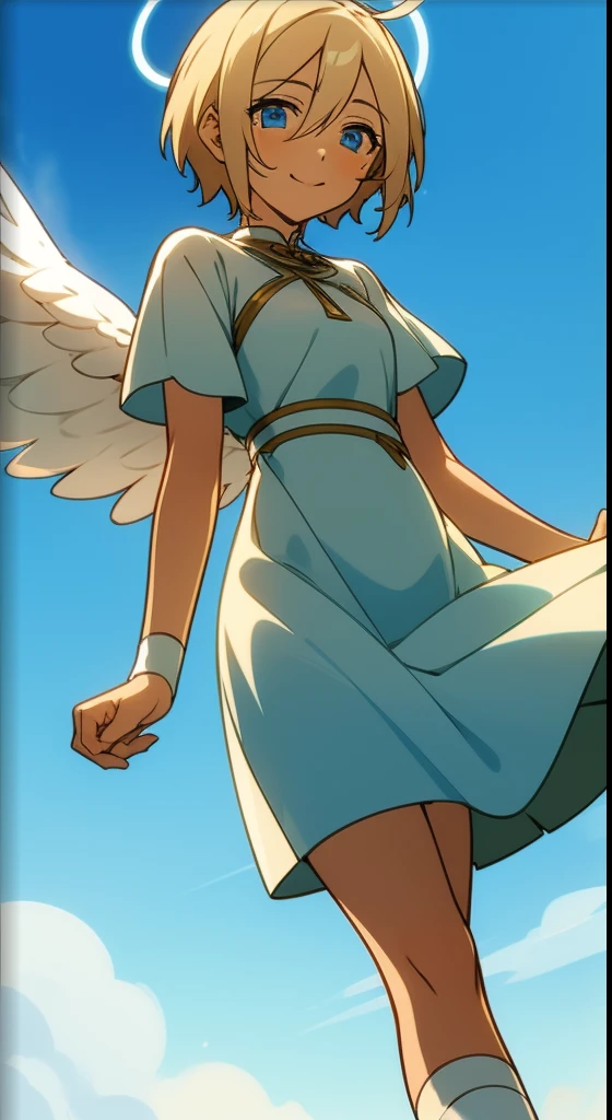 blue eyes, short blonde hair, outdoors, shining sun, happy girl, cute dress dress, solo girl, 1girl, short blonde hair, small boobs, slim waist, long socks, white socks, cute shoes, clouds, angel girl, angel wings, a halo over her head, shining halo