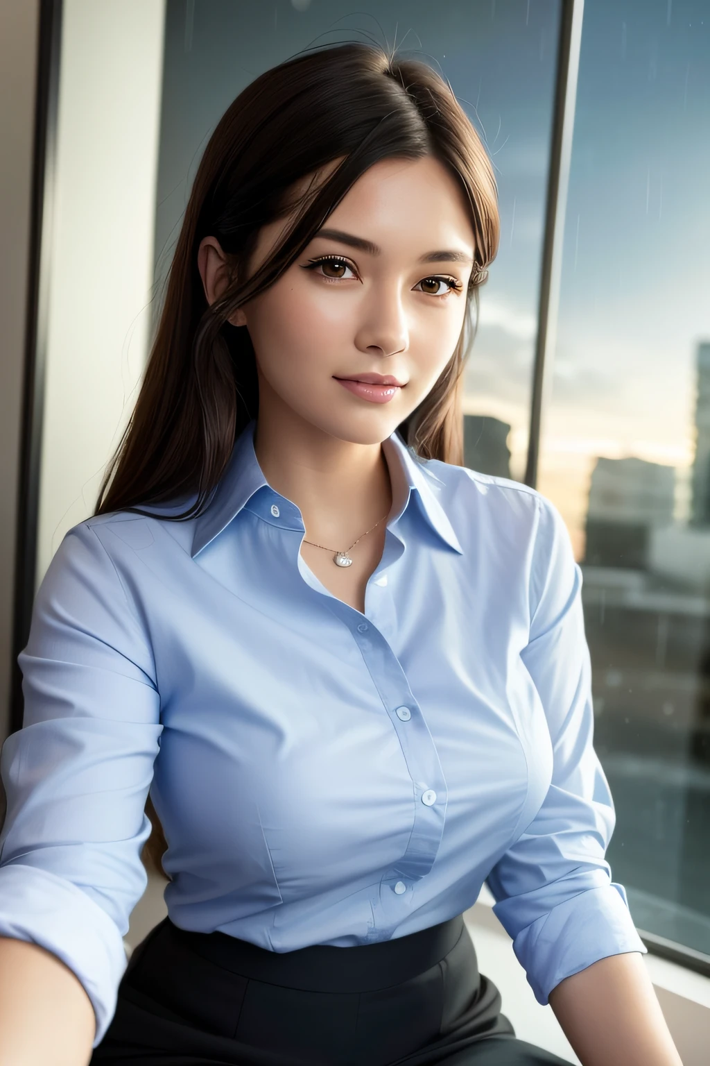 (8k, best quality, masterpiece:1.2), (realistic, photo-realistic:1.37), ultra-detailed, 1 girl,cute, solo,beautiful detailed sky,detailed office,night,sitting,(nose blush),(smile:1.15),(closed mouth) , medium breasts,beautiful detailed eyes,(collared shirt:1.1), night, wet,business attire, rain, (short hair:1.2), pureerosface_v1, computer, detail finger, beautiful detailed face,