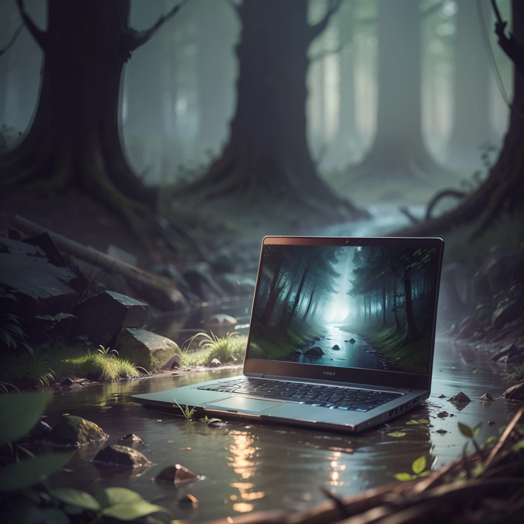 a very old laptop with a dirty and partly rusty sheet metal accident total loss near a stream in a dark forest, perfect photography, digital photography, with bold colors, intense atmosphere, night, tense and mysterious, wide angle lens, shallow depth of field , hdr, high definition, hyper-realistic --auto --s2