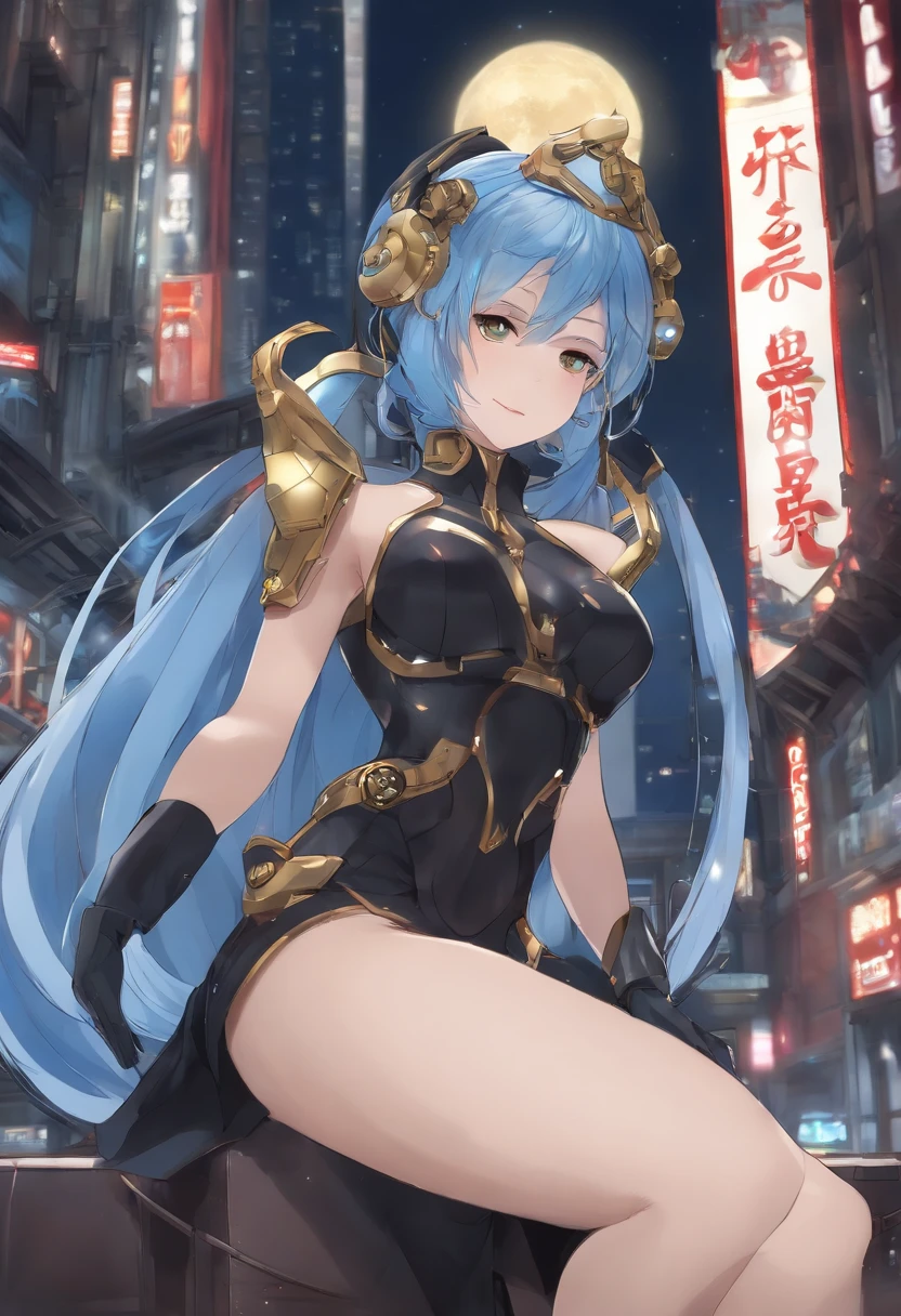 (Masterpiece, Best quality;1.3), Extremely detailed ,Ultra detailed, 1girll,Solo, double tails, Large of breast, Evil smile, gundam(RX78), Science fiction, Mecha, , Blue hair, Solo, hair adornments, Long hair, double tails, Gold eyes, jewelry, Earrings, view the viewer,shinjuku city background,Night, many neon signs, Moon base, Detailed dress, Micro Mini Skirt, From below, Sitting,, Bust Up Shot,