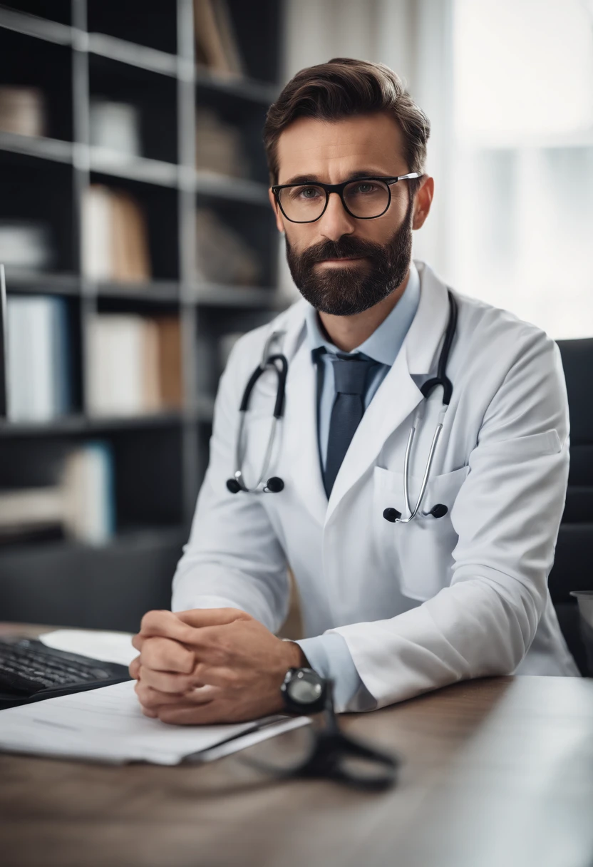 Portrait of a male doctor, medical, handsome, professional, experienced, clinical, 35yo, sitting at a work desk, concerned look on face, kind, caring, beard, glasses, no hands, no fingers, no hands shown in shot