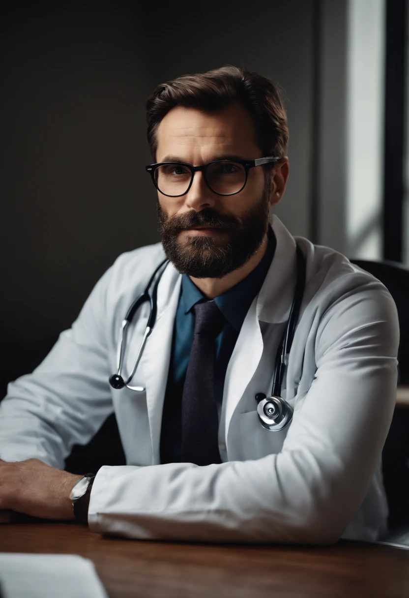 Portrait of a male doctor, medical, handsome, professional, experienced, clinical, 35yo, sitting at a work desk, concerned look on face, kind, caring, beard, glasses, no hands, no fingers, no hands shown in shot