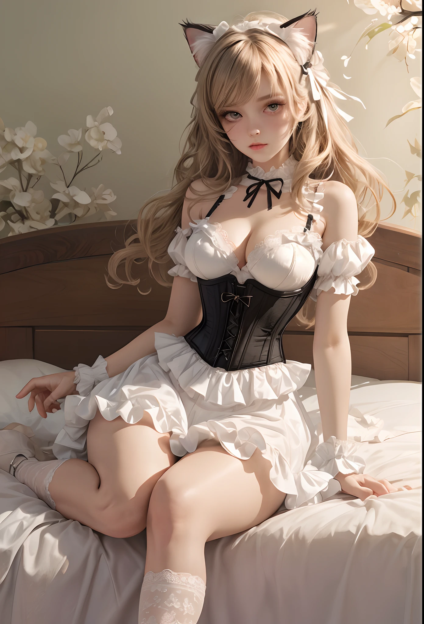 (Detailed illustrations,Very detailed and detailed drawing,Delicate lines with slow and rapid,Realistic texture expression,[[reallistic]]),[Color tressed main line],[Watercolor-style coloring],[Strange bedroom [[Gothic horror style]]],[HENTAI ANIME] (Girl (Beautiful shape)  student [Luxury Girl] (cat ear (plump) (large chest with drooping,[wide areola]))),(Full body lingerie (Pure white corset) (Ribbon Ruffled Lace Fabric [lolita fashion])),[Realistic and glossy skin expression ([High humidity] (Soft body)),([[boredom]] gravure) (Soft ambient light [Transparency]),(Fine and beautiful skin expression [Transparency]),[Perfect eye details (Eyes beautifully drawn down to the smallest detail)],[long and beautiful eyelashes:0.4],[Fine hair details],(Perfect hand details),(Perfectly proportioned:1.2,Perfect Anatomy),[Ideal color coordination(Accurate simulation of light-material interactions)],(detaileds,high-detail)),([Precision Detail],HighQuality,hight resolution),[Eros in the Natural Body] [Visual art that conveys a sense of narrative] [[Full body like]].