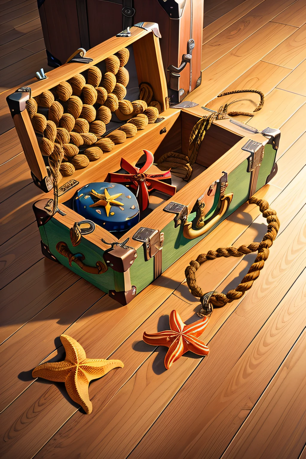 a wooden floor with a life preserver, an anchor, a suitcase, a rope, and starfish. The anchor is made of metal and has a long chain attached to it. The rope is made of hemp and is tied in a knot.