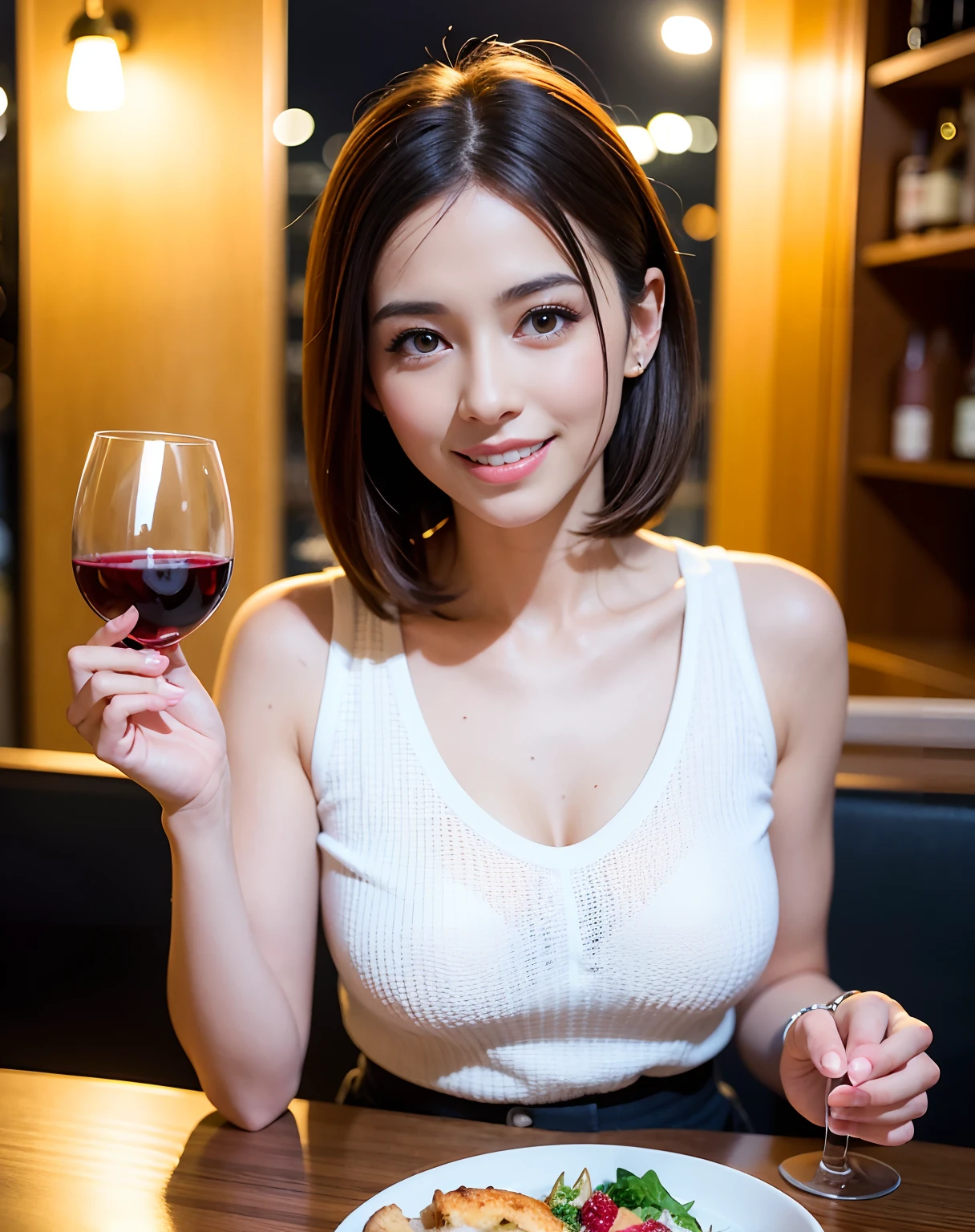 (64K, UHD, top quality, masterpiece: 1.2), (realistic, photorealistic: 1.37), super detailed, pretty woman 1 person, (slim face), (slim body), (brown hair), (short cut), cheeks slightly blushing, (44 years old), 38 years old, solo, beautiful detailed urban night view outside the window, restaurant, wine glasses sit, at night, in a prominent placeNovaFrogStyle, Actress, Model, Waist Up, White Wine, Slim, Wine Glass, Super Clean Night View, Wine Glass Put in the Middle, Happy Smile, (Smile: 1.15), Beautiful Fine Eyes, Upper Body, Bust Japan Up, Night, Short, Short, Actress, Model, Waist Up, White Wine, Slim, Wine Glass, Super Clean Night View, Wine Glass Put in the Middle, Happy Smile,
