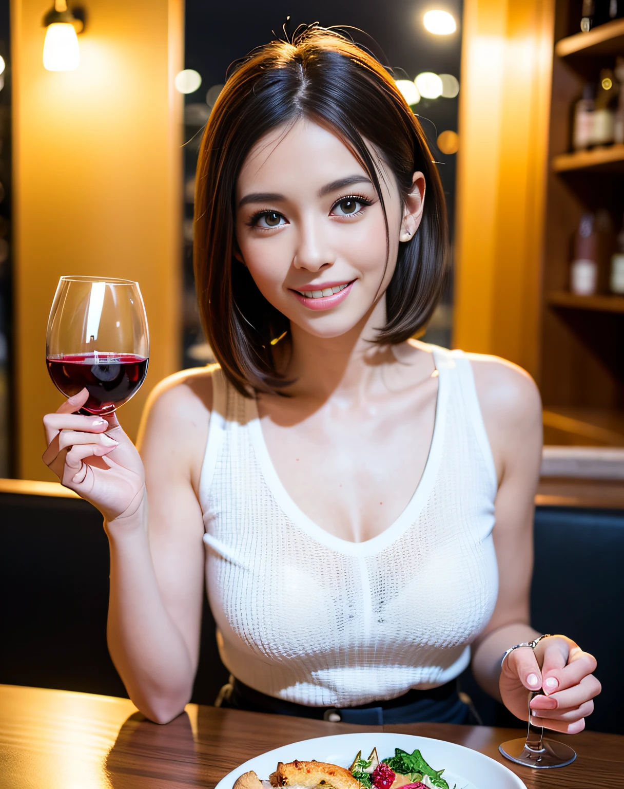 (64K, UHD, top quality, masterpiece: 1.2), (realistic, photorealistic: 1.37), super detailed, pretty woman 1 person, (slim face), (slim body), (brown hair), (short cut), cheeks slightly blushing, (44 years old), 38 years old, solo, beautiful detailed urban night view outside the window, restaurant, wine glasses sit, at night, in a prominent placeNovaFrogStyle, Actress, Model, Waist Up, White Wine, Slim, Wine Glass, Super Clean Night View, Wine Glass Put in the Middle, Happy Smile, (Smile: 1.15), Beautiful Fine Eyes, Upper Body, Bust Japan Up, Night, Short, Short, Actress, Model, Waist Up, White Wine, Slim, Wine Glass, Super Clean Night View, Wine Glass Put in the Middle, Happy Smile,
