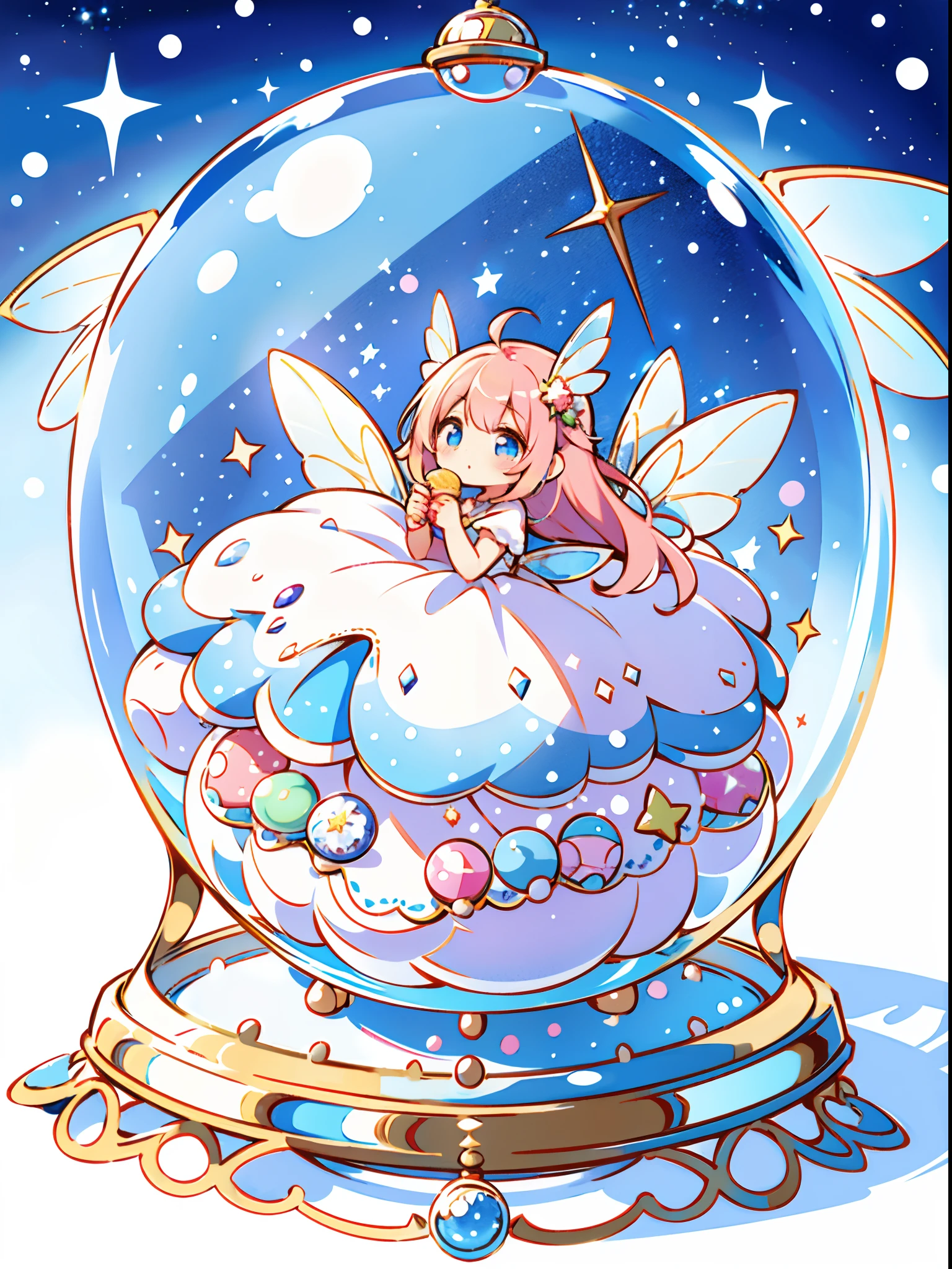 (Precise and unmatched illustrations:1.3), (1girl:1.3), (ice cream and Fairies in a snow globe:1.2), (Holding and eating an ice cream:1.3), (kawaii, Cute, Tiny, chibi:1.3), (wearing Fairy wings of crystal-clear material:1.5), (dress), (Simple Background:1.3),(The World in a snow globe:1.5),(Inside the snow globe is a world made of colorful ice cream).(Best Quality), (masutepiece:1.3), Ultra-detailed,