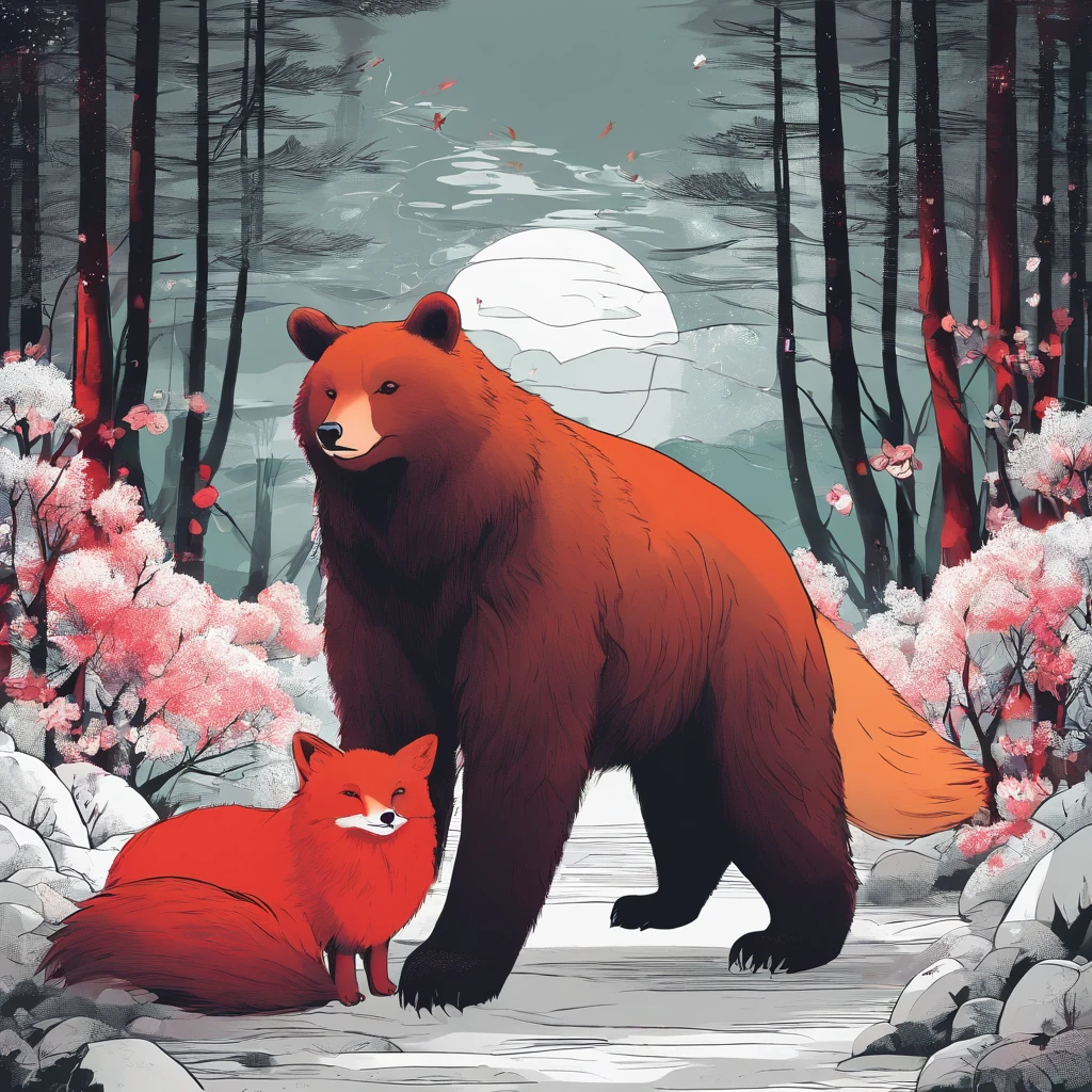 One large, fluffy bear,A fox with beautiful small red fur,looking each other,Nervousness, RT Down. 66 Before the Great Storm, nostalgic, Annual Lighting Display, voluminetric lighting, in woods