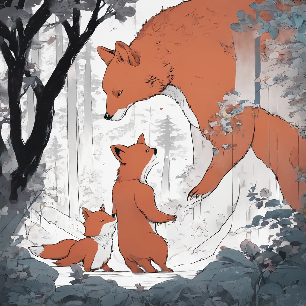 One large, fluffy bear,A fox with beautiful small red fur,looking each other,Nervousness, RT Down. 66 Before the Great Storm, nostalgic, Annual Lighting Display, voluminetric lighting, in woods