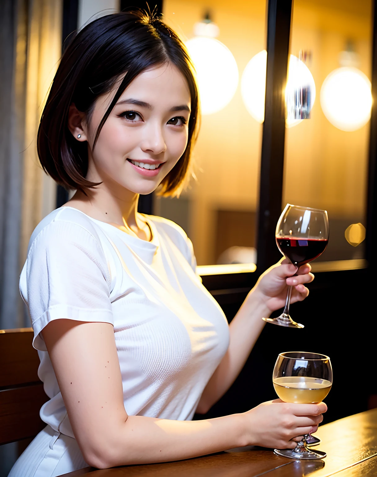 ((top-quality、8K、tmasterpiece:1.3))、1girl in、Slim abs beauty:1.3、(Hairstyle Casual、huge tit:1.2)、doress:1.1、Super fine face、Elaborate Eyes、二重まぶた、A smile、Home、vests、alcohol