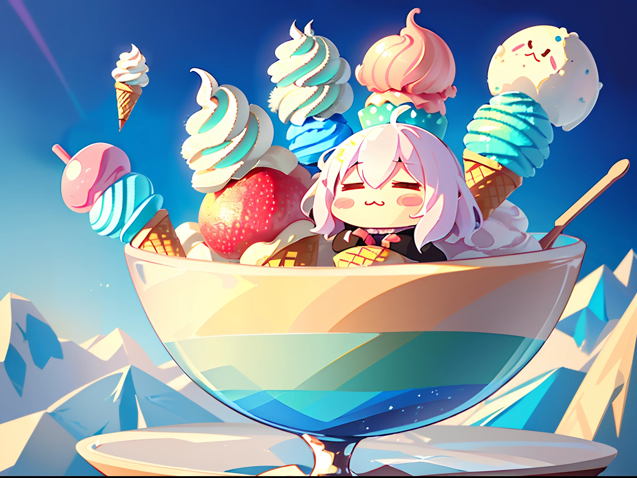 (Precise and unmatched illustrations:1.3), (kawaii, Cute, Tiny, chibi:1.3), (floating ice creams:1.4), (world made of colorful ice cream). An earth made of ice cream, a house made of ice cream cake, a mountain made of chocolate ice cream, a tree made of strawberry ice cream, (Best Quality), (masutepiece:1.3), Ultra-detailed,