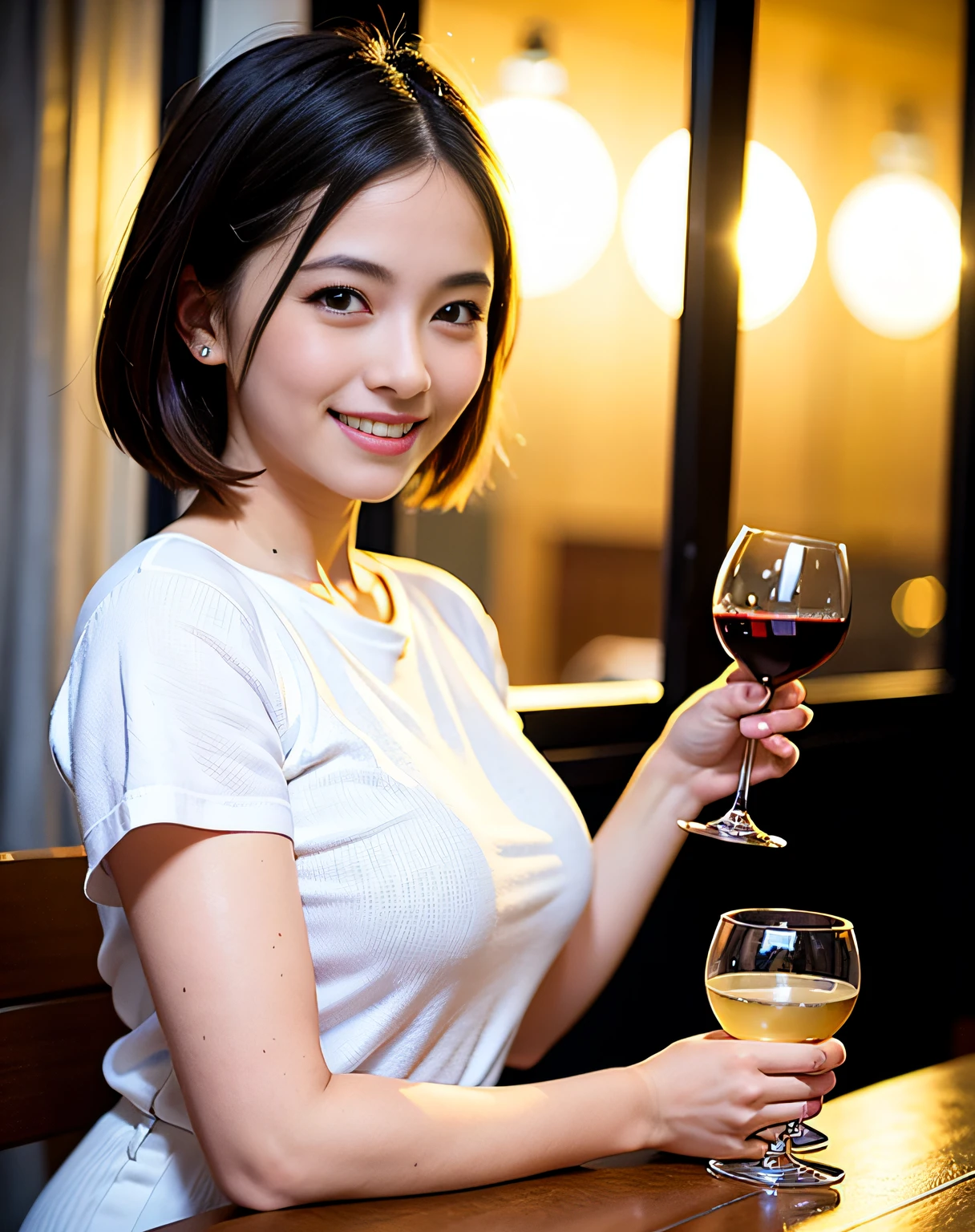 (64K, UHD, top quality, masterpiece: 1.2), (realistic, photorealistic: 1.37), super detailed, pretty woman 1 person, (slim face), (slim body), (brown hair), (short cut), cheeks slightly blushing, (44 years old), 38 years old, solo, beautiful detailed urban night view outside the window, restaurant, wine glasses sit, at night, in a prominent placeNovaFrogStyle, Actress, Model, Waist Up, White Wine, Slim, Wine Glass, Super Clean Night View, Wine Glass Put in the Middle, Happy Smile, (Smile: 1.15), Beautiful Fine Eyes, Upper Body, Bust Japan Up, Night, Short, Short, Actress, Model, Waist Up, White Wine, Slim, Wine Glass, Super Clean Night View, Wine Glass Put in the Middle, Happy Smile,