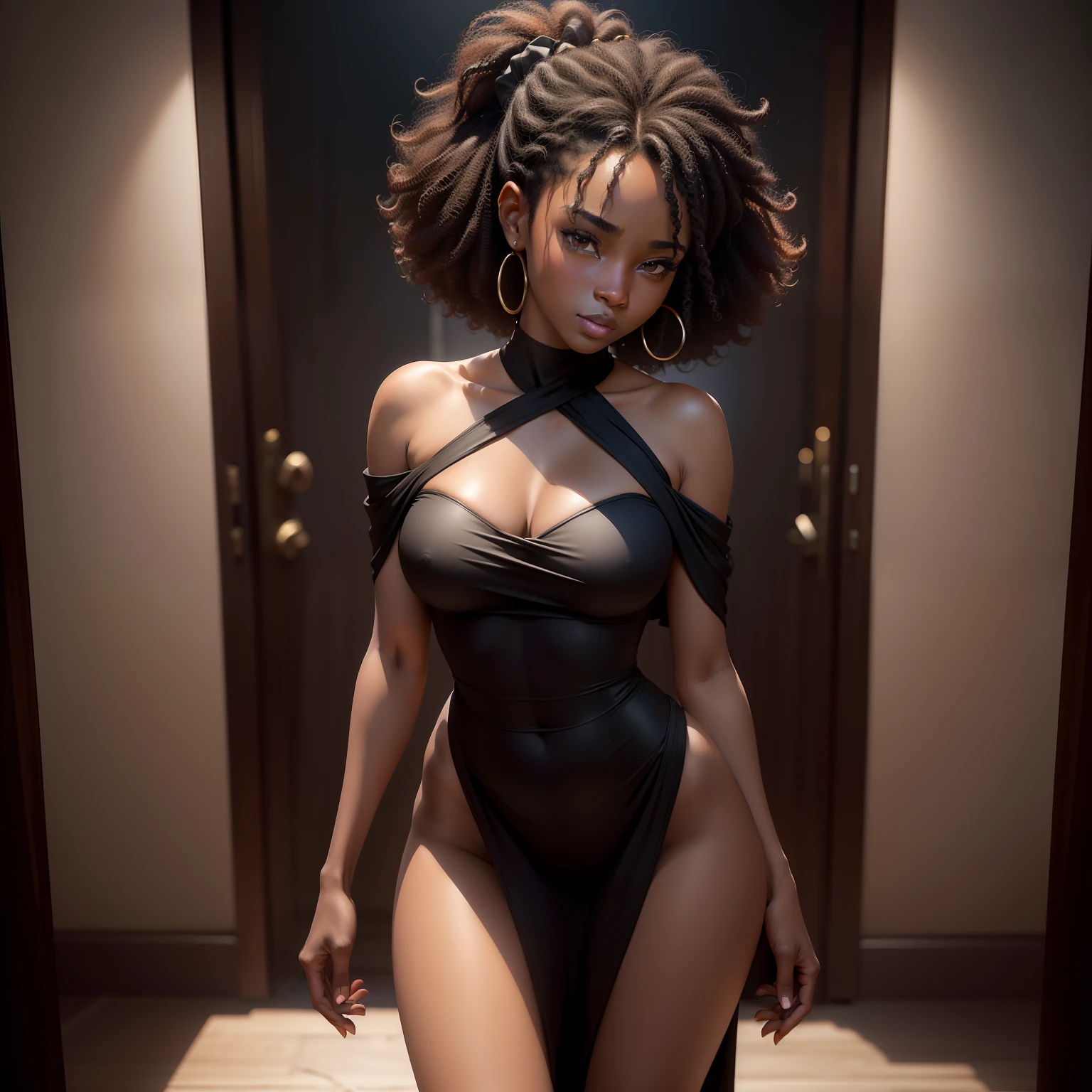 ((African dark skin, ebony)), ((excited cute face)), ((cute pose)), ((seductive )), sexy, (( Sexy Black Silhouette Venus Cut Side Drape Mini Dress )), ((long curly afro ponytail hair,)), (( skin)), ((standing, front view)), ((touching her own legs in a sexy pose)),, sharp focus cgi, photorealistic, high detail, realistic, masterpiece, absurdres, best quality, HDR, high quality, high-definition, extremely detailed, 8k wallpaper, intricate details, 8K uhd, Full-HD, (realistic photo:1.2), contrast, harsh lighting, cinematic lighting, natural lighting, hard light, backlighting, global illumination, ambient occlusion