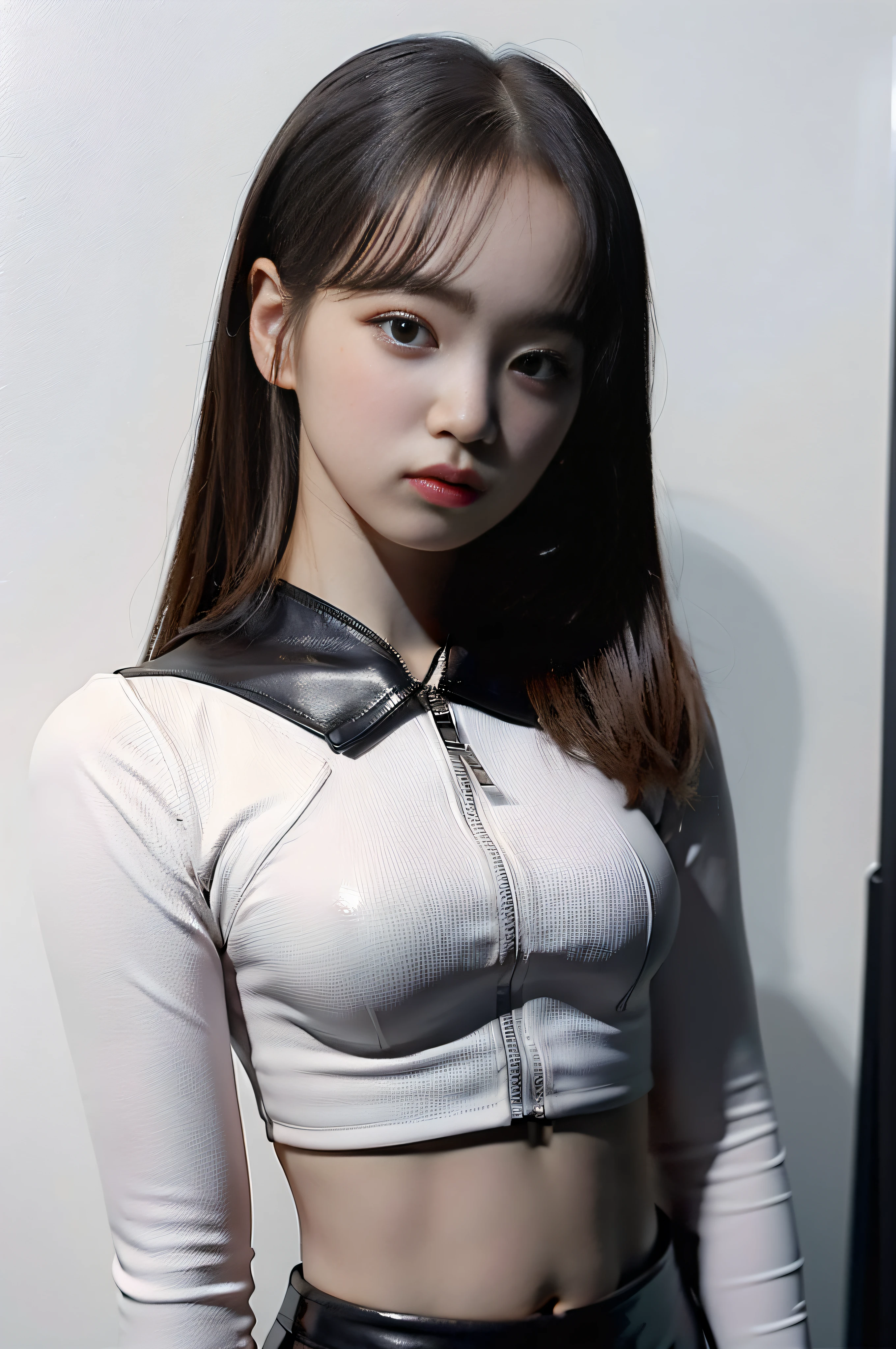 upper body view, kim chaewon in a tight leather suit, kim chaewon, kim chaewon as a ite young girl, long hair, petite girl, small breast, petite figure, tight leather suit, midriff exposed, small tits, a small face