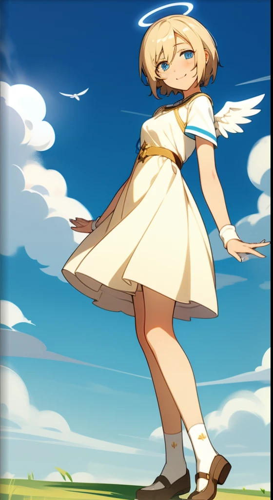 blue eyes, short blonde hair, outdoors, shining sun, happy girl, cute dress dress, solo girl, 1girl, short blonde hair, small boobs, slim waist, long socks, white socks, cute shoes, clouds, angel girl, angel wings, a halo over her head, shining halo