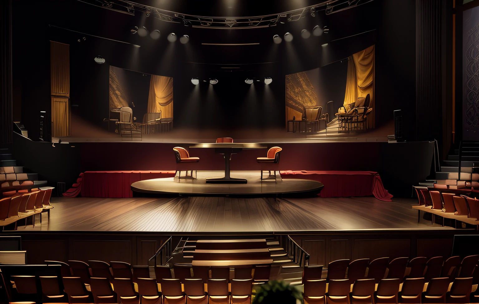 there is a stage with a table and chairs in front of a large screen, backside of scenography elements, raytraced 3d set design, photo of a big theaterstage, set design, virtual set, photo of a huge theaterstage, theatre stage, theater stage, detailed set design, theatrical scenery, empty stage, footage of a theater stage