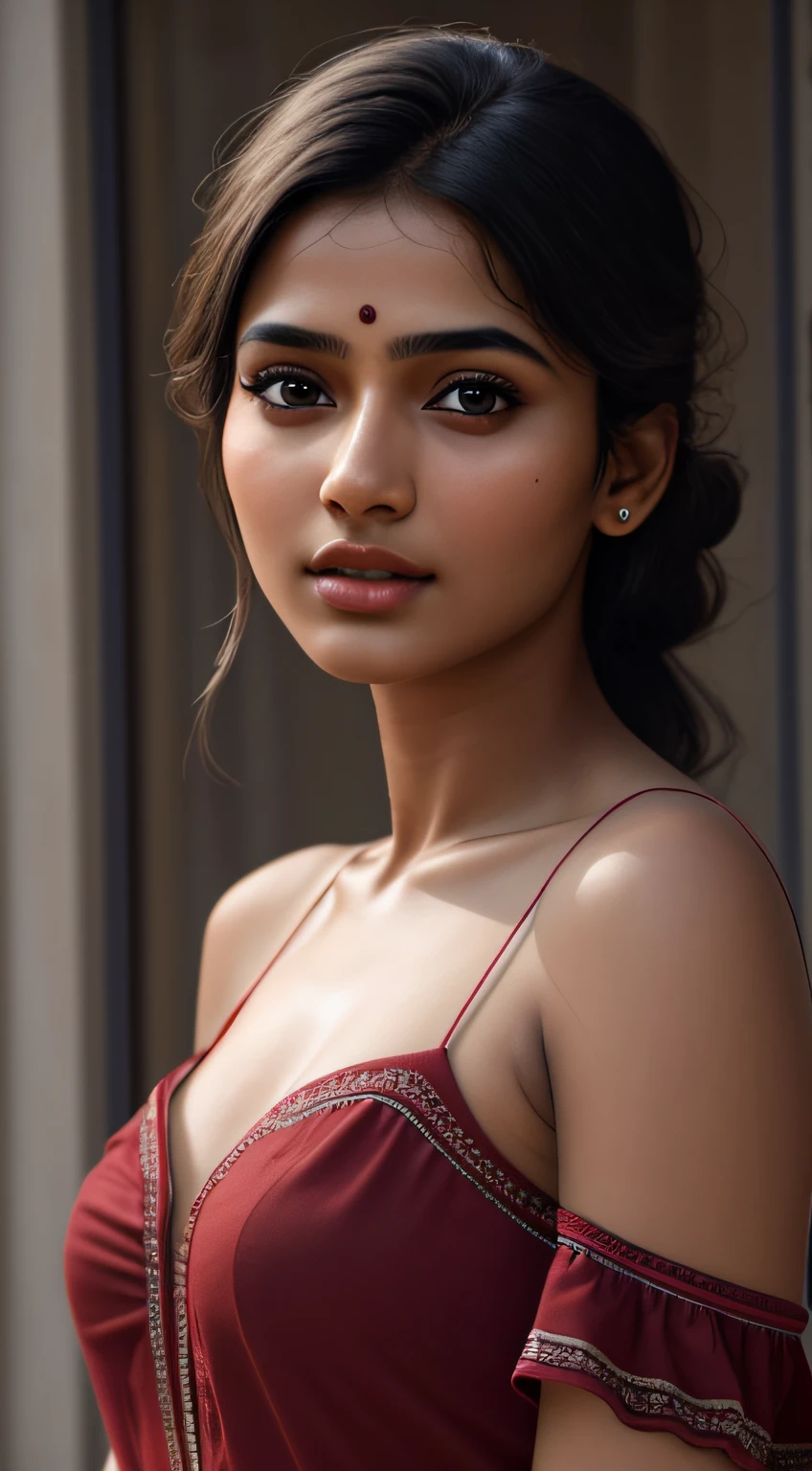 young Indian girl, 18-year-old, red top, gentle lighting, intricate facial details, flawless complexion, top-notch 3D rendering, hyper-realistic, shot on Indian road. photorealistic digital art trending on Artstation 8k HD high definition detailed realistic, detailed, skin texture, hyper detailed, realistic skin texture, armature, best quality, ultra high res, (photorealistic:1.4),, high resolution, detailed, raw photo, 400 camera f1.6 lens rich colors hyper realistic lifelike texture dramatic lighting unrealengine trending on artstation cinestill 800