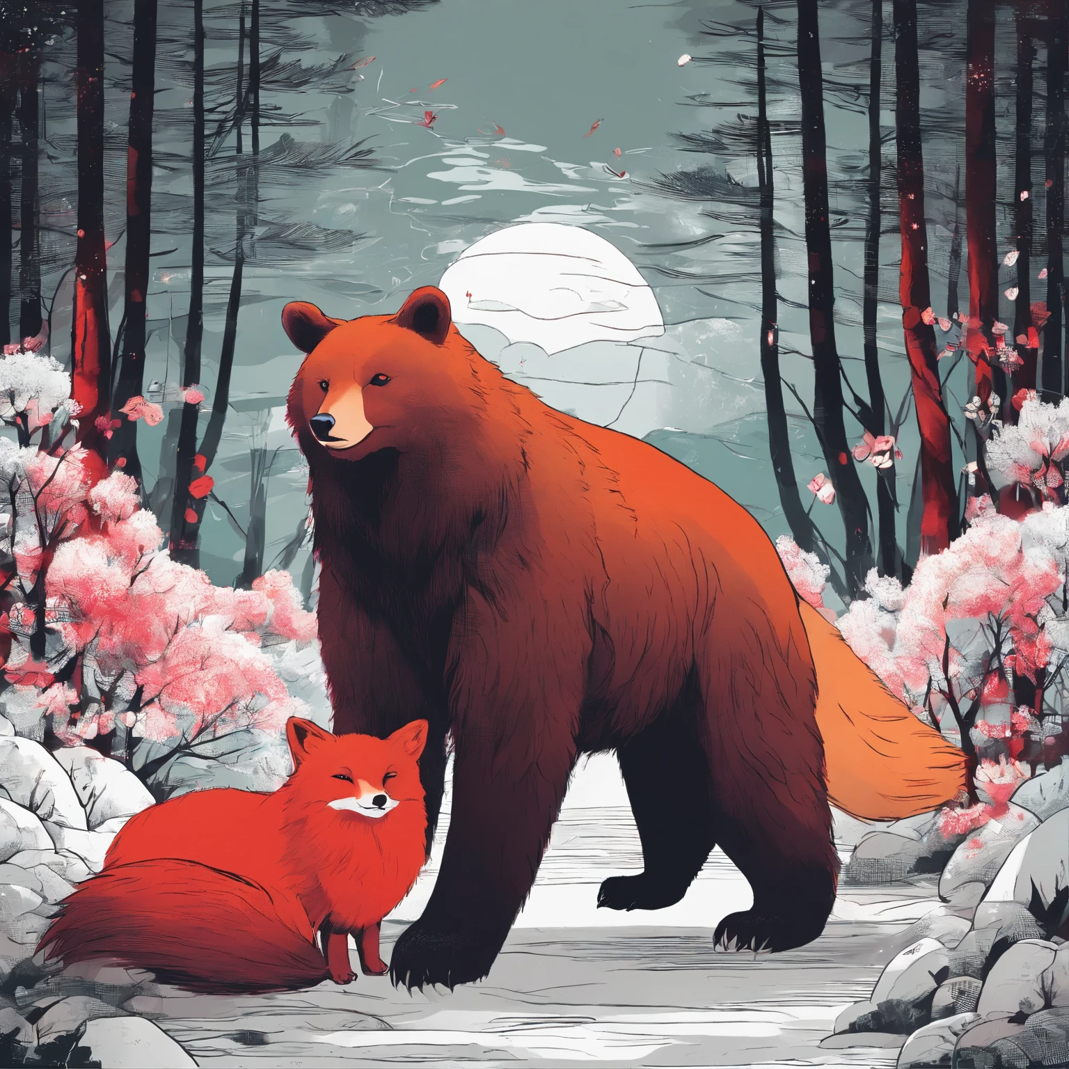 One large, fluffy bear,A fox with beautiful small red fur,looking each other,Nervousness, RT Down. 66 Before the Great Storm, nostalgic, Annual Lighting Display, voluminetric lighting, in woods