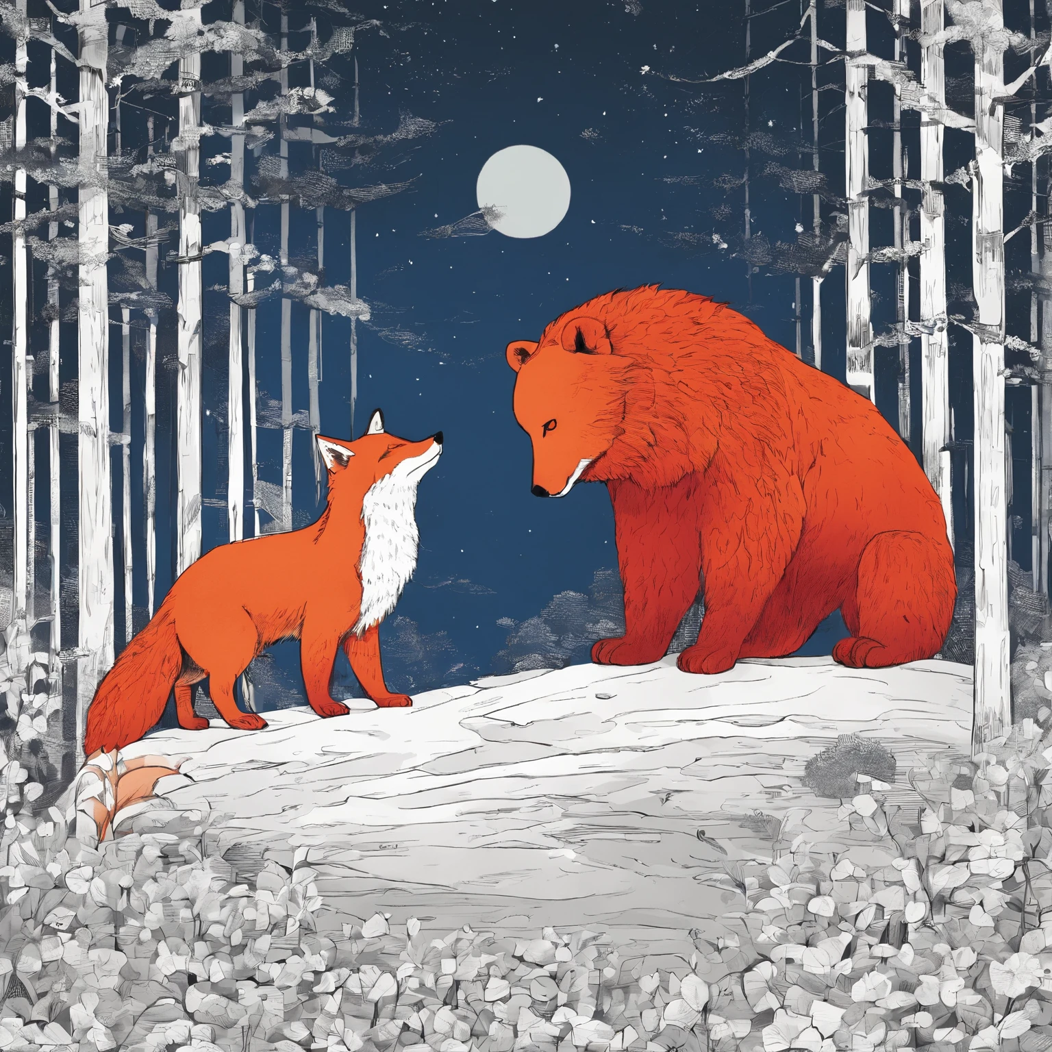 One large, fluffy bear,A fox with beautiful small red fur,looking each other,Nervousness, RT Down. 66 Before the Great Storm, nostalgic, Annual Lighting Display, voluminetric lighting, in woods