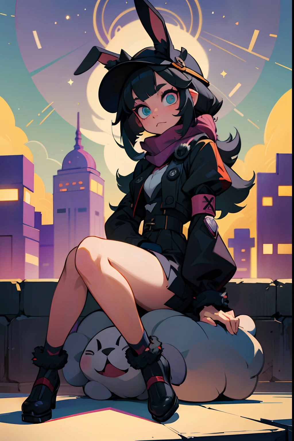 anime goth girl wearing a hat with a scarf and fur, with long floppy rabbit ears, sitting on a street corner, city, absurdes; (((Best quality))) master piece vector illustration; anime character in sharp focus; detailed and vibrant anime face; character design; beautiful and vibrant digital art, hyperdetailed; overexaggerated features; Dynamic Lighting; Volumetric Lighting in 8k, Ultra Sharp Focus; intricate Artwork Masterpiece
