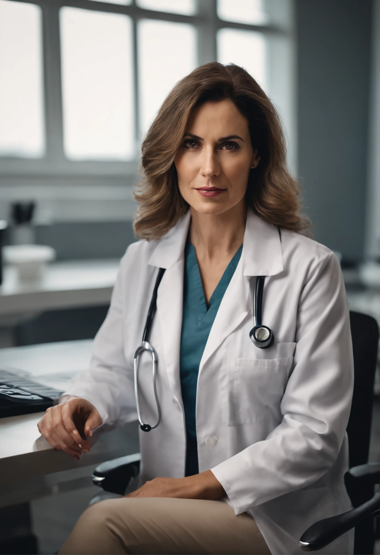 Portrait of a female doctor, medical, attractive, professional, experienced, clinical, 35yo, sitting at a work desk, concerned look on face, kind, caring, no hands in shot, no fingers or hands