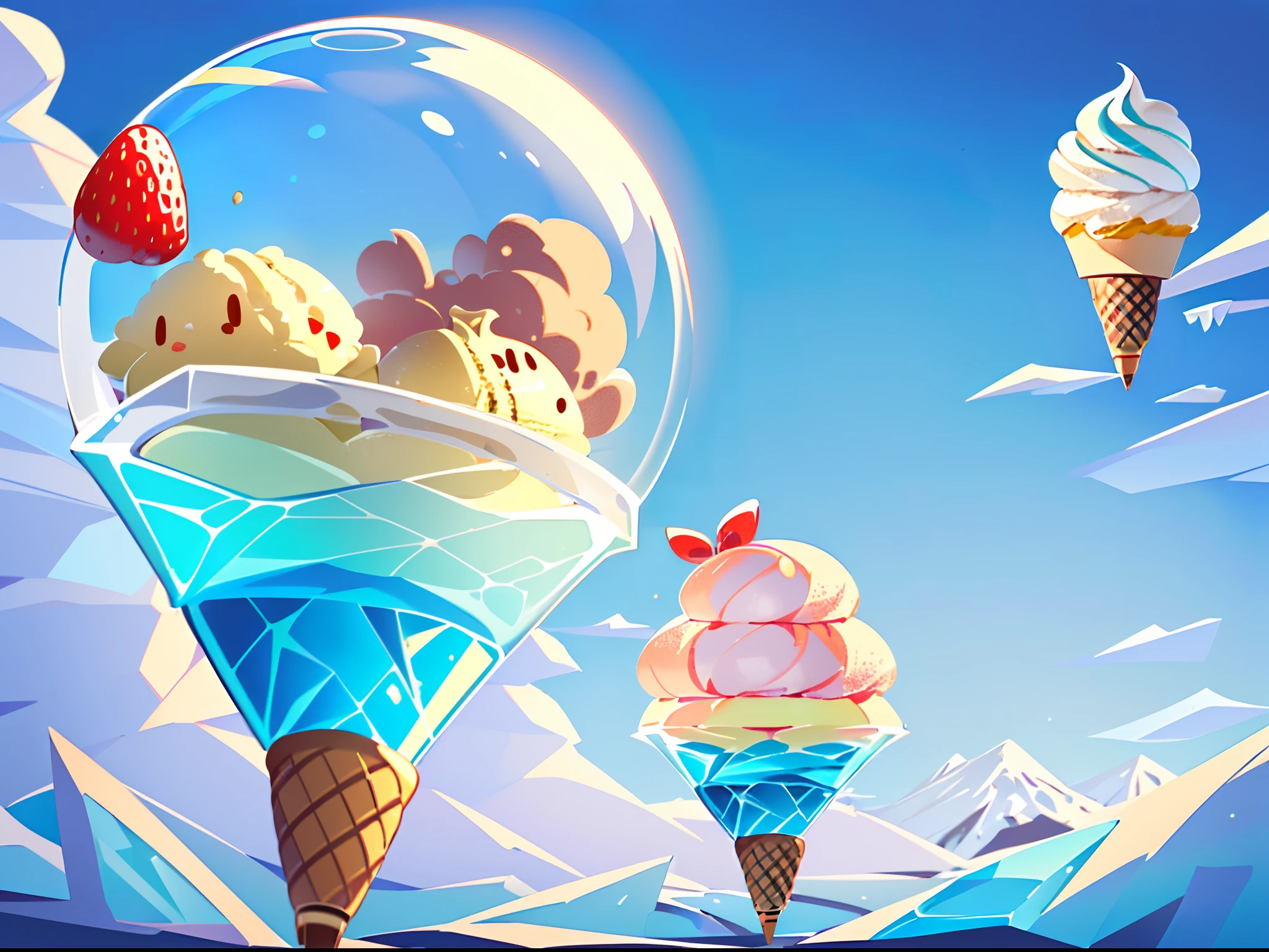 (Precise and unmatched illustrations:1.3), (kawaii, Cute, Tiny, chibi:1.3), (floating ice creams:1.4), (world made of colorful ice cream). An earth made of ice cream, a house made of ice cream cake, a mountain made of chocolate ice cream, a tree made of strawberry ice cream, (Best Quality), (masutepiece:1.3), Ultra-detailed,